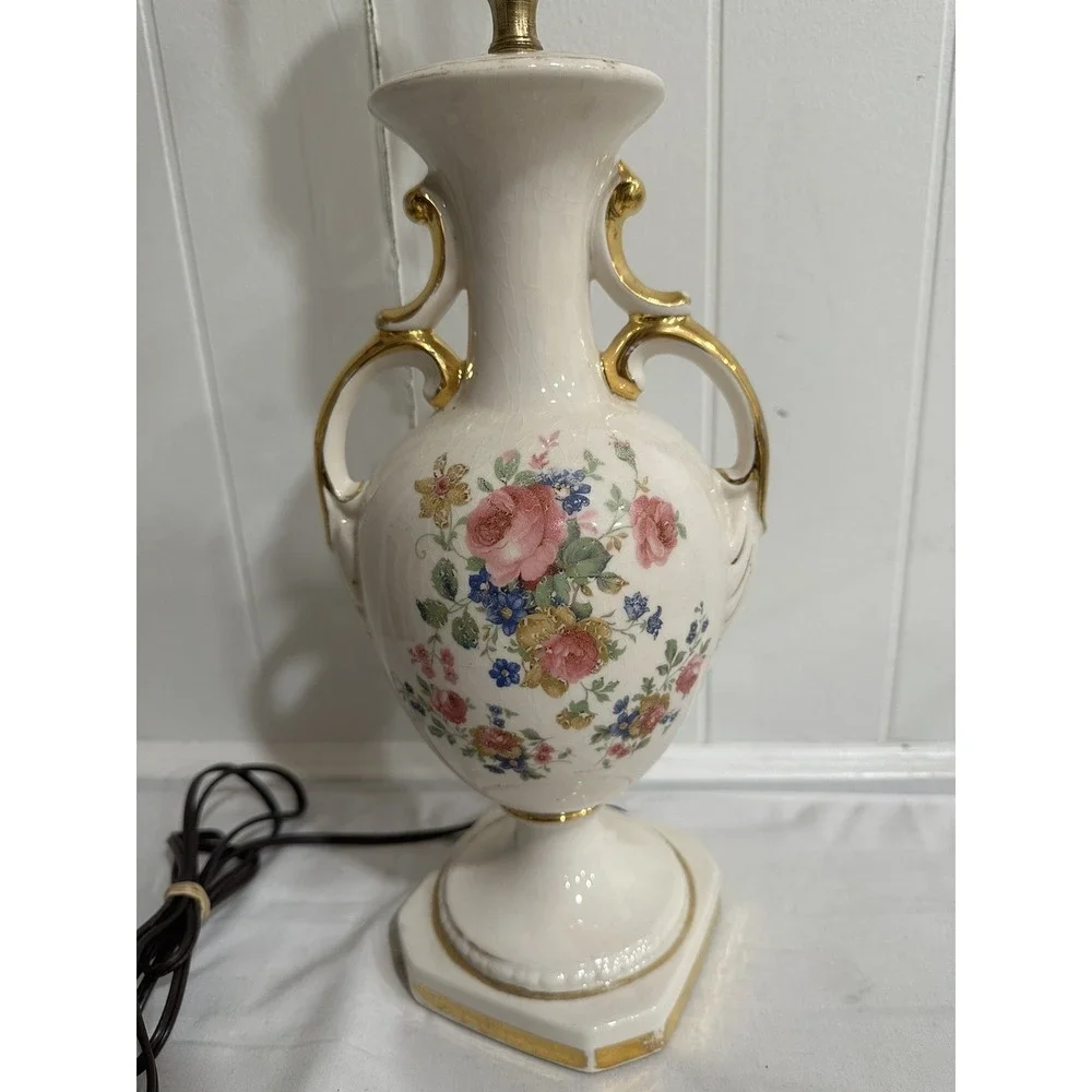 Antique Hand-Painted Porcelain Table Lamp –Floral England Urn Style, Gold Accent